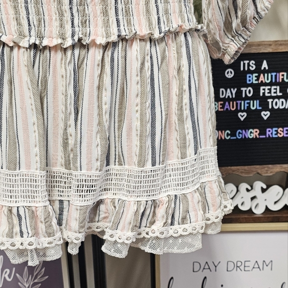 SURF GYPSY | SHIMMER STRIPED OFF SHOULDER RUFFLE MINI DRESS - Picture 8 of 16